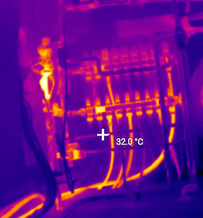 Thermal imaging camera showing underfloor heating pipe layout during home buyers plumbing survey in London